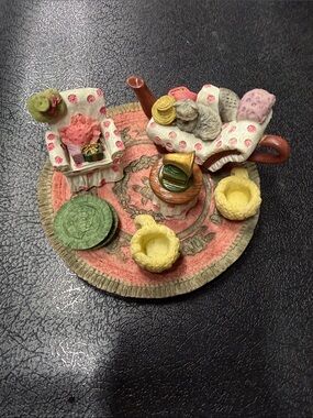 Miniature Tea Set Figurine with Floral Chairs and Tray - Pink, Yellow, Green
